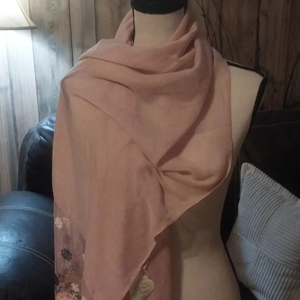 Thin Pink Gauze Embroidered Floral Scarf Shawl Cottagecore Grandmacore Scarf Y2K